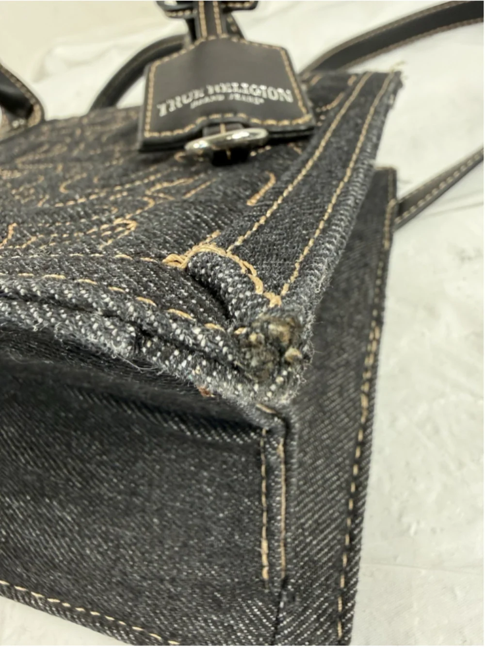 True Religion Black Denim Embroidered Crossbody Bag Horseshoe Satchel Handbag
